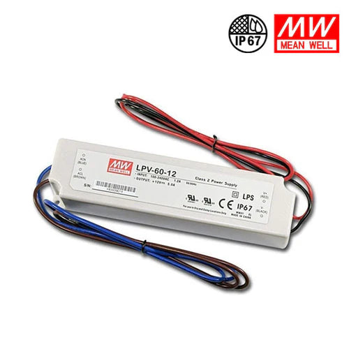 MEANWELL LPV Series 60W IP67 Waterproof Switching Power Supply, 12V/24V DC Output, AC90-264V Input, UL/CE Certified, Plastic Housing, Outdoor Power Supply