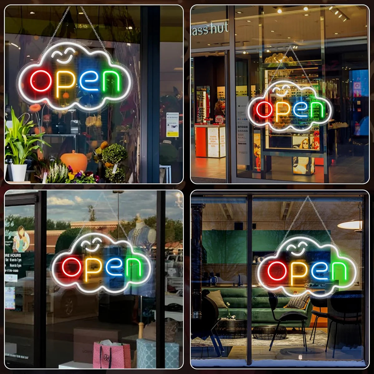 OPEN LED Sign – Fixed Rainbow Glow Neon Sign | Cloud Shape | 2 Sizes | Window Hanging | Plug & Play for Storefronts