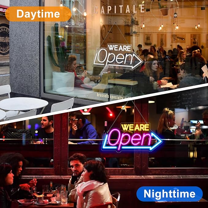 16.1"X 7.8" LED Neon WE ARE Open Sign, Dimmable Open Signs for Business, Bright Blue&Pink&Yellow Neon Open Sign Powered by USB, LED Sign for Coffee Shop Bar Salon Restaurant Pubs