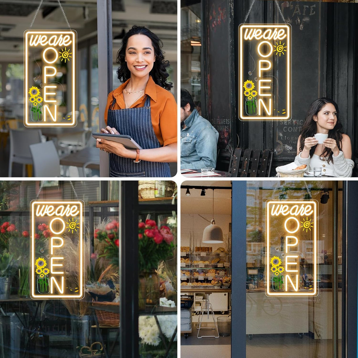 We Are Open Vertical Silicone LED shop signs – Warm White / Neutral White | 16.5 × 9 inch |Window Hanging | Plug & Play for Cafes, Restaurants & Retail Shops