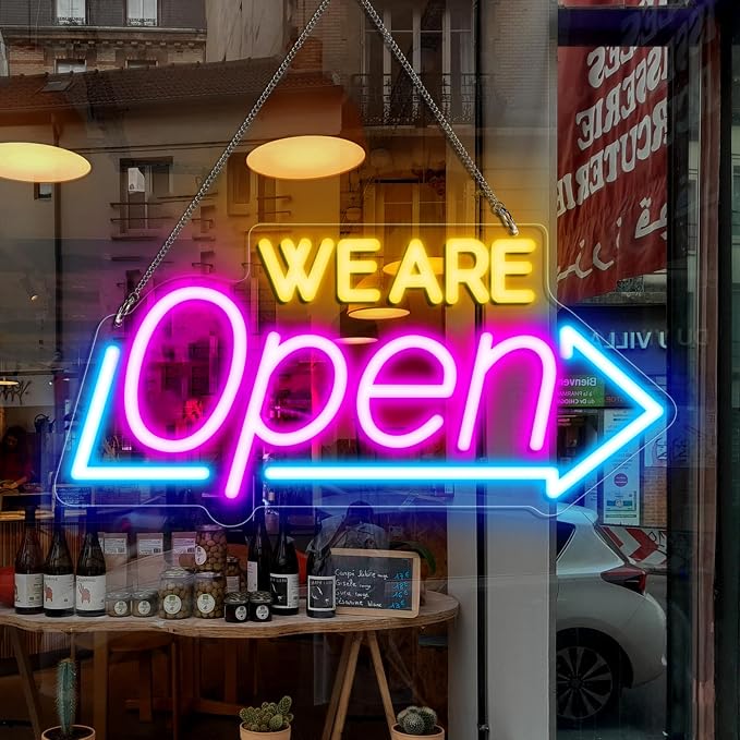 WE ARE OPEN Silicone LED shop signs – USB Powered | 16.1×7.8 inch | Arrow Shape LED Window Sign | Yellow + Red + Green Glow for Cafes, Restaurants & Retail Shops