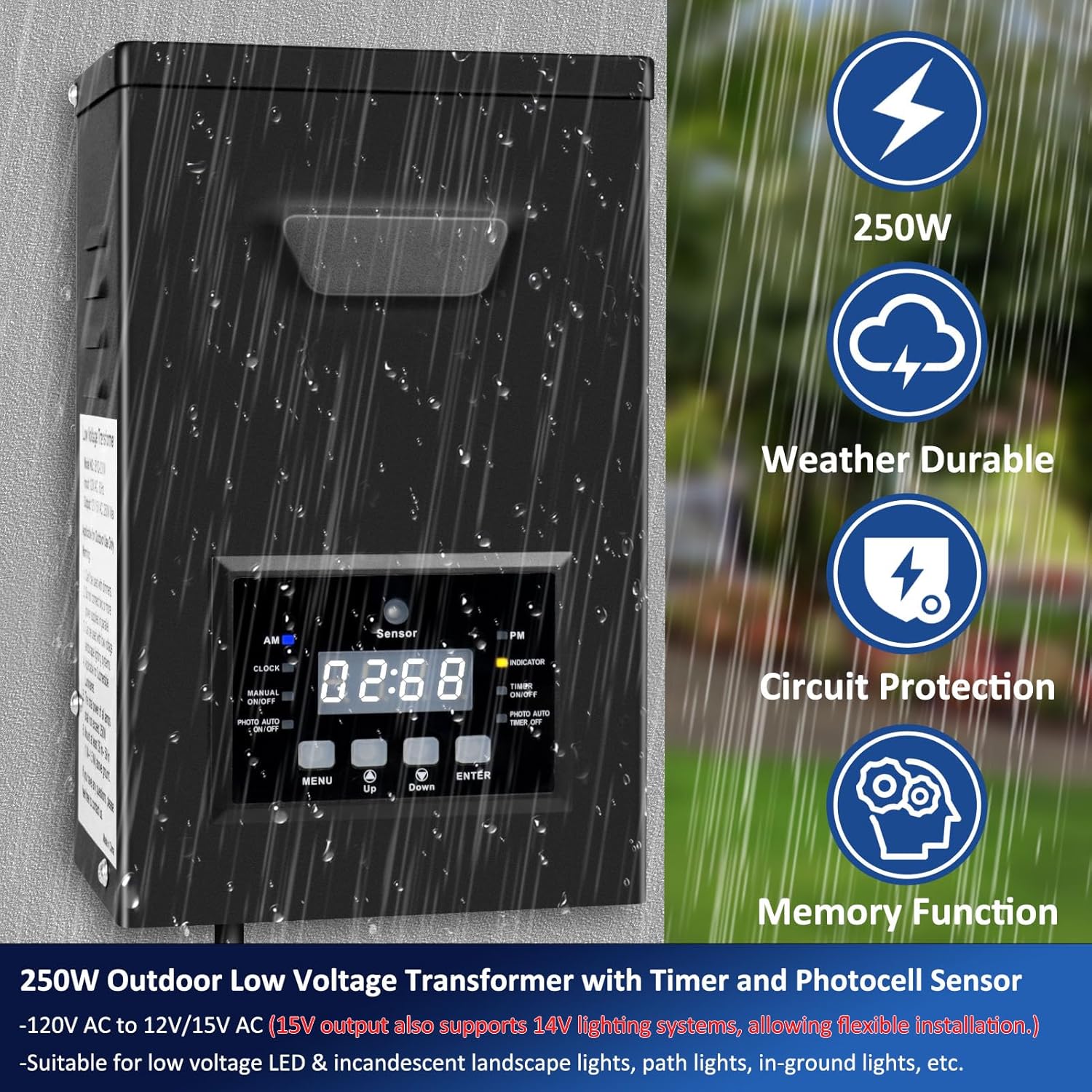 200W/250W Landscape Lighting Transformers – 120V to 12V/15V AC, Single Zone, Timer & Internal Photocell, Power Supply for Landscape Lighting Systems