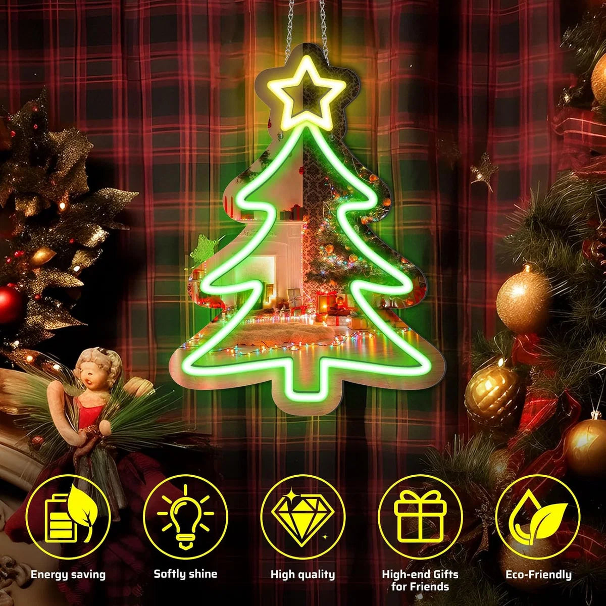 LED Neon Signs – Christmas Tree Silicone Neon Sign – 16×12 Inch | 5V USB Powered Dimmable Green & Yellow Glow LED Wall Light | Neon Lamp with Accessories Included | Hanging Holiday Decor for Christmas Party, Bedroom & Home Spaces