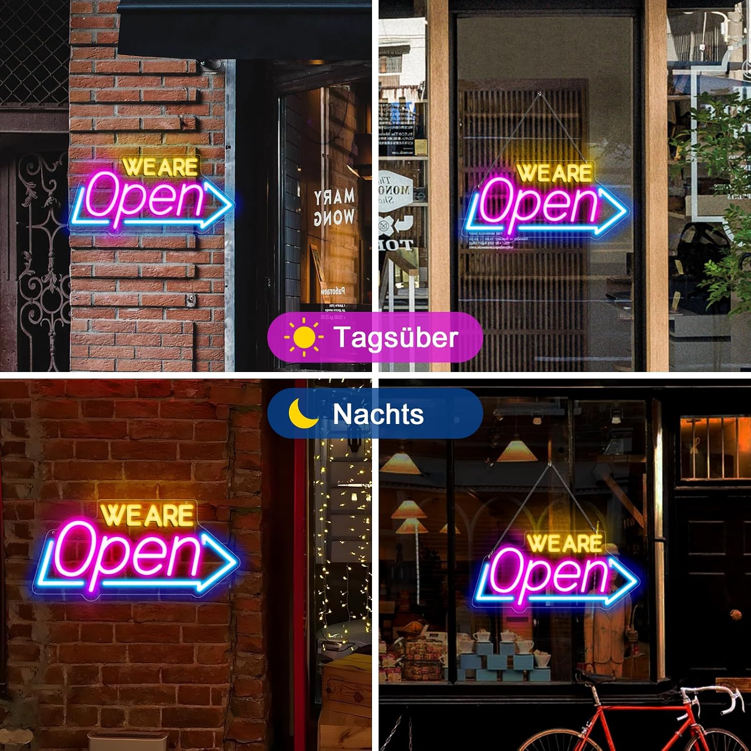 WE ARE OPEN Silicone LED shop signs – USB Powered | 16.1×7.8 inch | Arrow Shape LED Window Sign | Yellow + Red + Green Glow for Cafes, Restaurants & Retail Shops