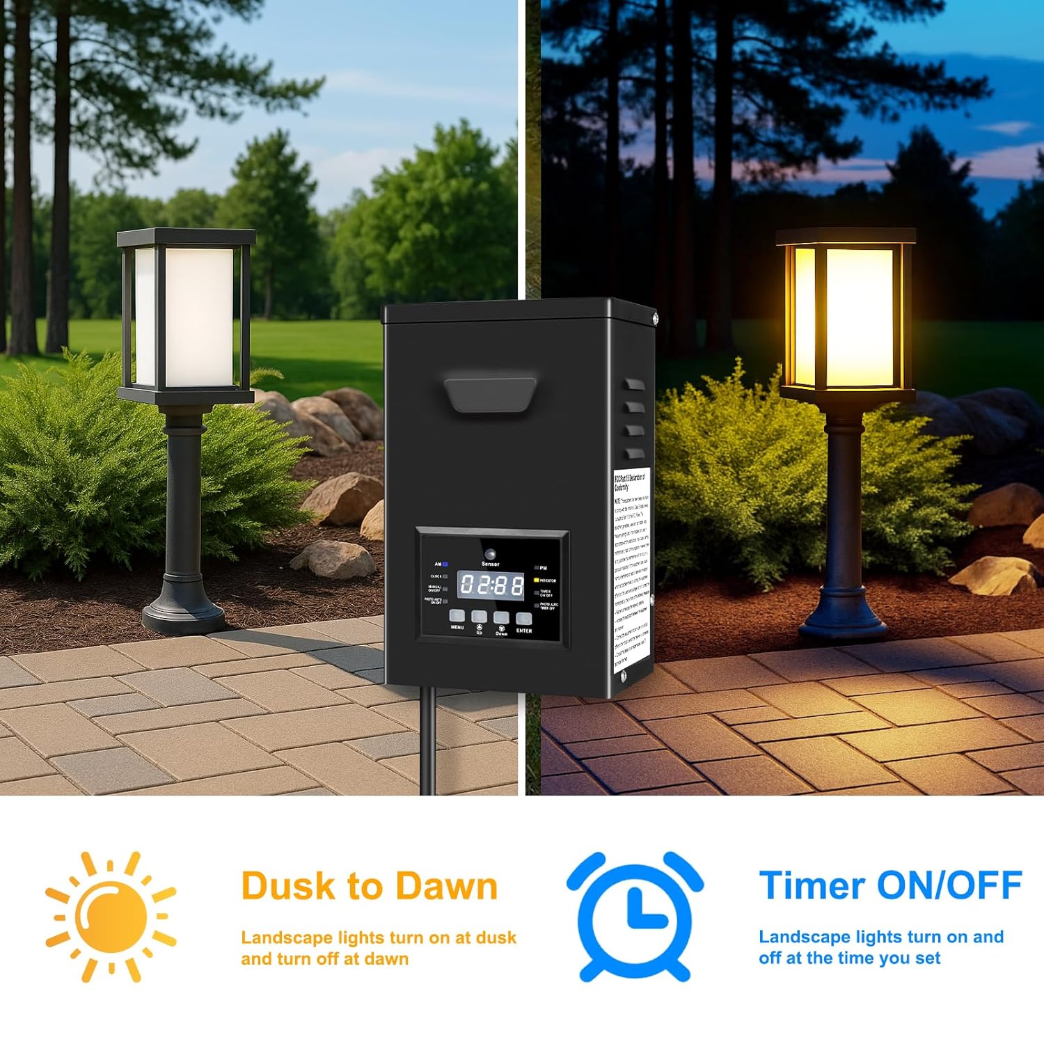150W/170W Landscape Lighting Transformers – 120V to 12V/15V AC, Single Zone, Timer & Internal Photocell, Power Supply for Landscape Lighting Systems