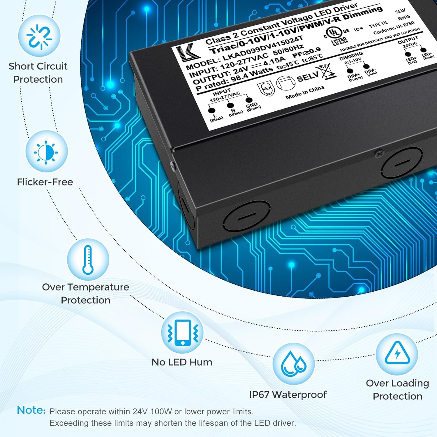 24V DC 5-in-1 Dimmable LED Power Supply – 60W / 100W / 200W UL Listed Waterproof LED Driver, AC 120–277V Input, Compatible with Triac / ELV / 0-10V / PWM / Resistive Dimming