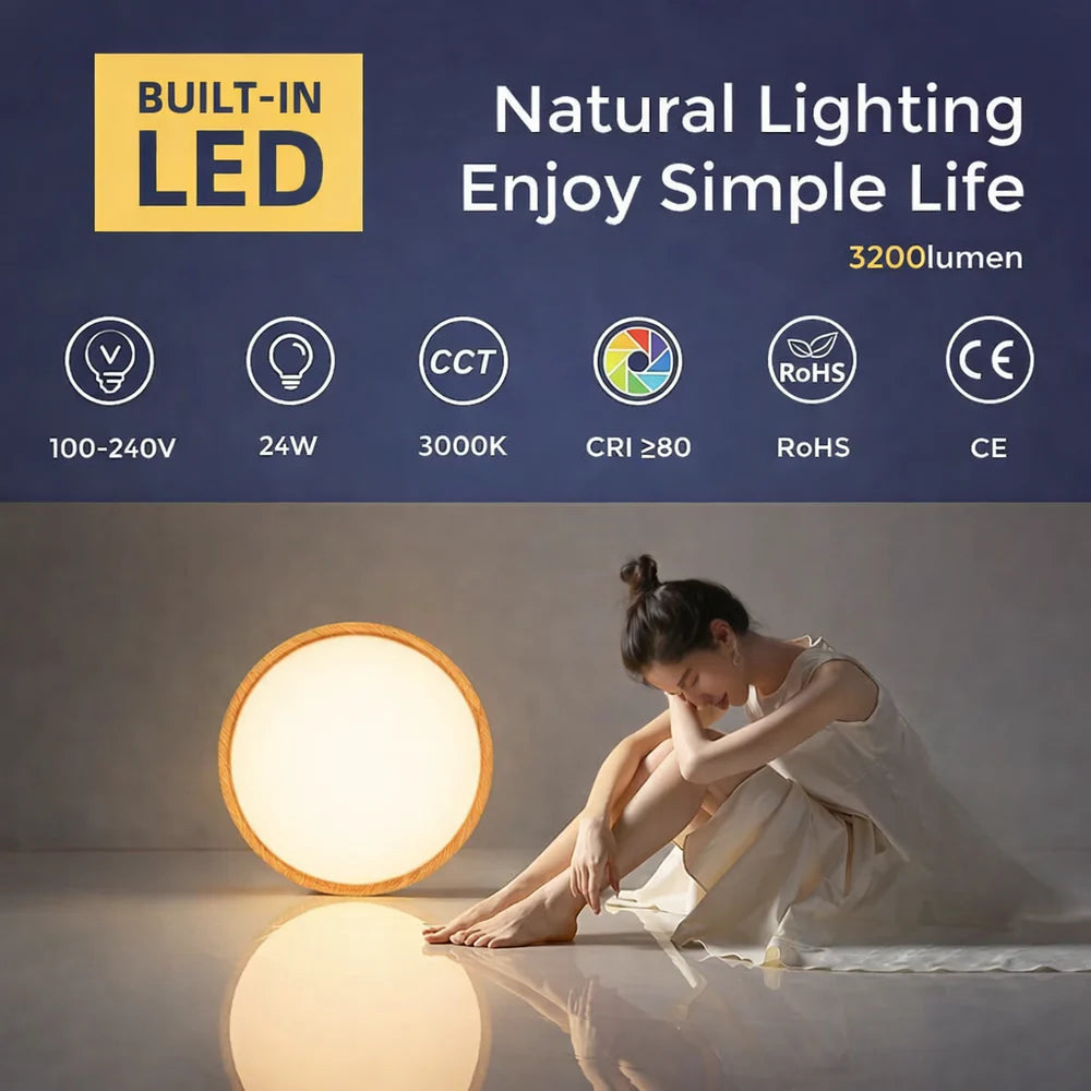 AC 220–240V Round Wood Grain LED Ceiling Light, 24W 3000K / 4500K / 5000K / 6500K Flush Mount Ceiling Light Local Stock (UK/DE)