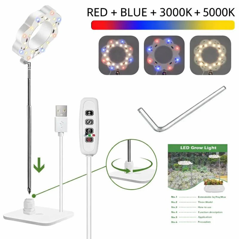 Potted Plants LED Grow Light - 5V | Full Spectrum | Auto On/Off Timer | Dimmable Brightness | Height Adjustable | Stake / Desk Base | Halo Plant Lamp for Indoor Plants Growing | USB Plug | 1 / 2 Pack