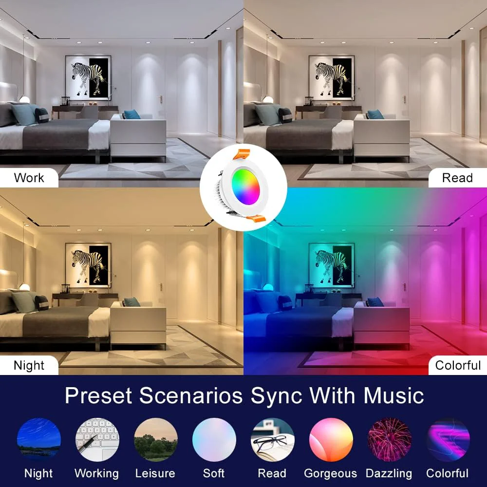 Smart RGB Downlight – WiFi Recessed Lighting, 2 Inch 5W, Dimmable RGB + CCT 2700–6500K, Works with Alexa & Google, 100–240V, White Housing, 4 / 6 / 10 Pack Options