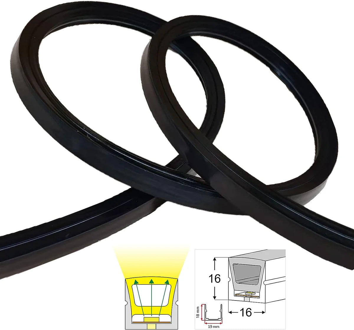 S1616 Black Neon Light Housing – 16x16mm | Silicone LED Channel System | 10mm PCB Width | IP67 Waterproof | 16.4FT/5M*1/16.4FT/5M*5 | Local Stock US/UK/DE