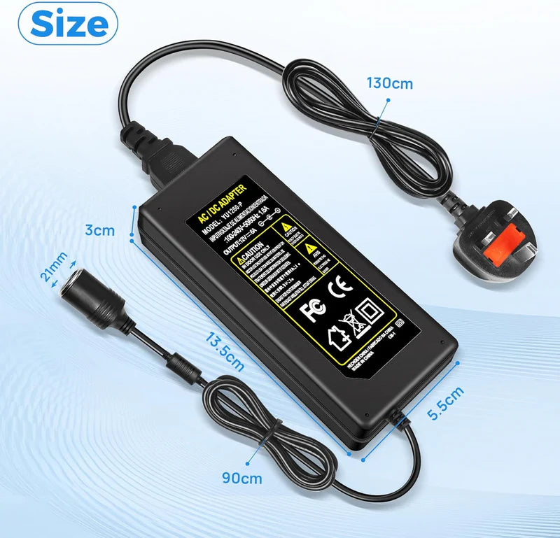 Cigarette Lighter Desktop Power Supply Adapter DC 12V 60W–120W, AC 100–240V Input Converter Transformer with US/UK Plug for Car Accessories, Air Pump, Cooler, Electronics