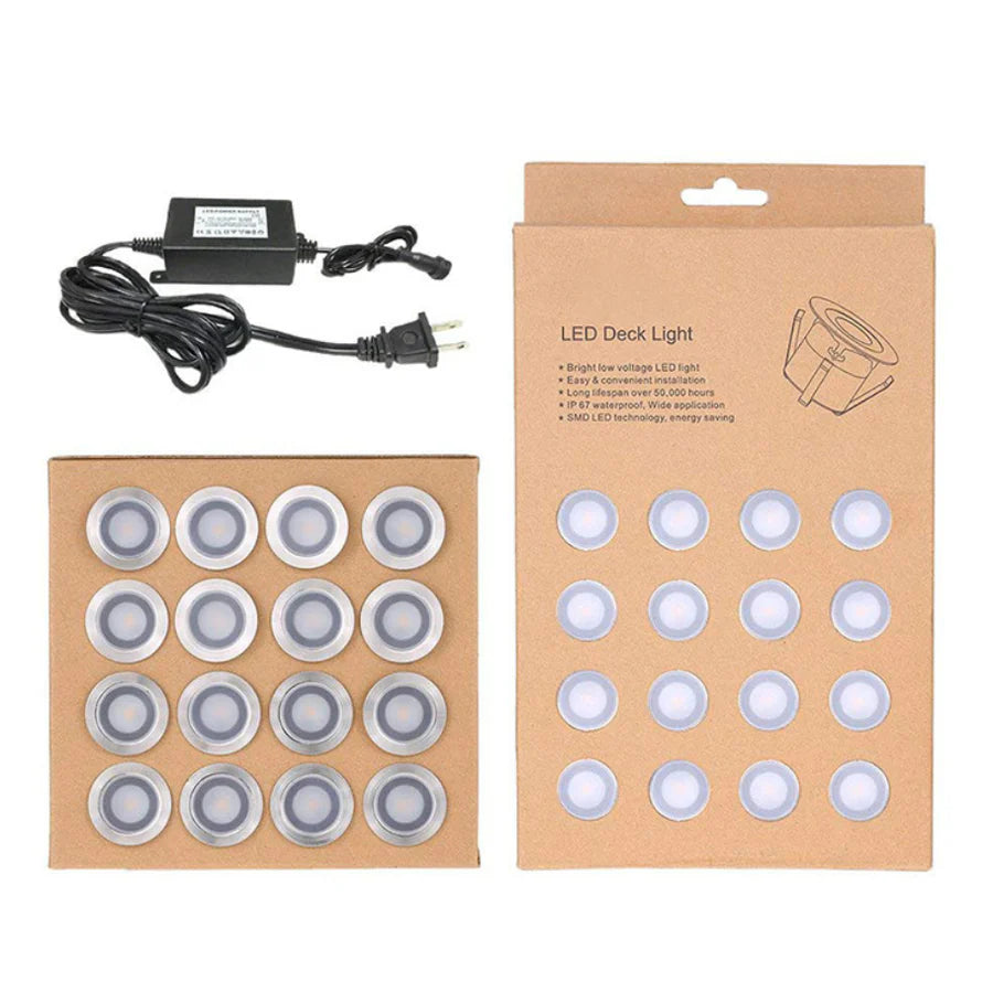 16-Pack Recessed LED Deck Lights – 0.6W Each | Warm White / Natural White | AC100–265V Input with Power Adapter | US / EU / UK / AU Plug Options | IP67 Waterproof Inground Step Lights Kit for Deck, Garden, Yard, Stairs & Pathway Lighting