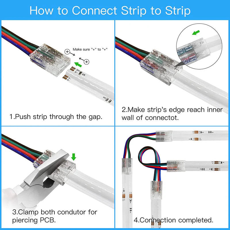 LightingWill LED Strip Connector 10mm 4Pin Transparent Solderless Clips, LED Light Strip Connector Strip to Wire Strip to Strip Female Plug Connector for RGB Strip, Bulk 500pcs MOQ Factory Direct