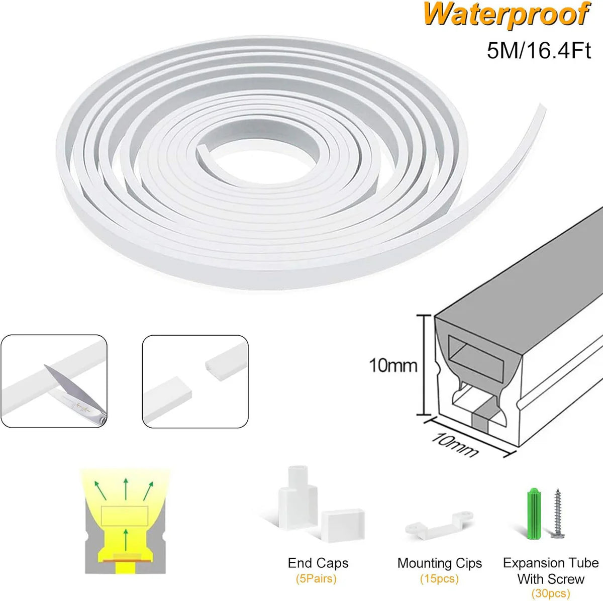 Neon Light Housing – S1010 | 10x10mm Silicone LED Channel System | IP67 Waterproof | 6mm PCB Width | 16.4FT/5M | Local Stock US/UK/DE