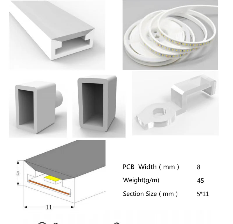 S0511 Neon Light Housing – 5x11mm | Silicone LED Channel System | 8mm PCB Width | IP67 Waterproof | 16.4FT/5M*1/16.4FT/5M*5 | Local Stock US/UK/DE