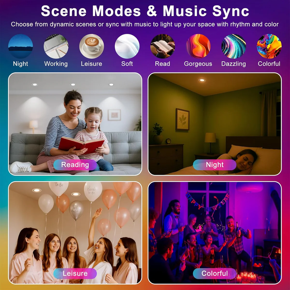 Smart RGB Downlight – COB WiFi Recessed Lighting, 2 Inch 5W, Dimmable RGB + CCT 2700–6500K, Works with Alexa & Google, 100–240V, White Housing, 4 / 6 / 10 / 12 Pack Options