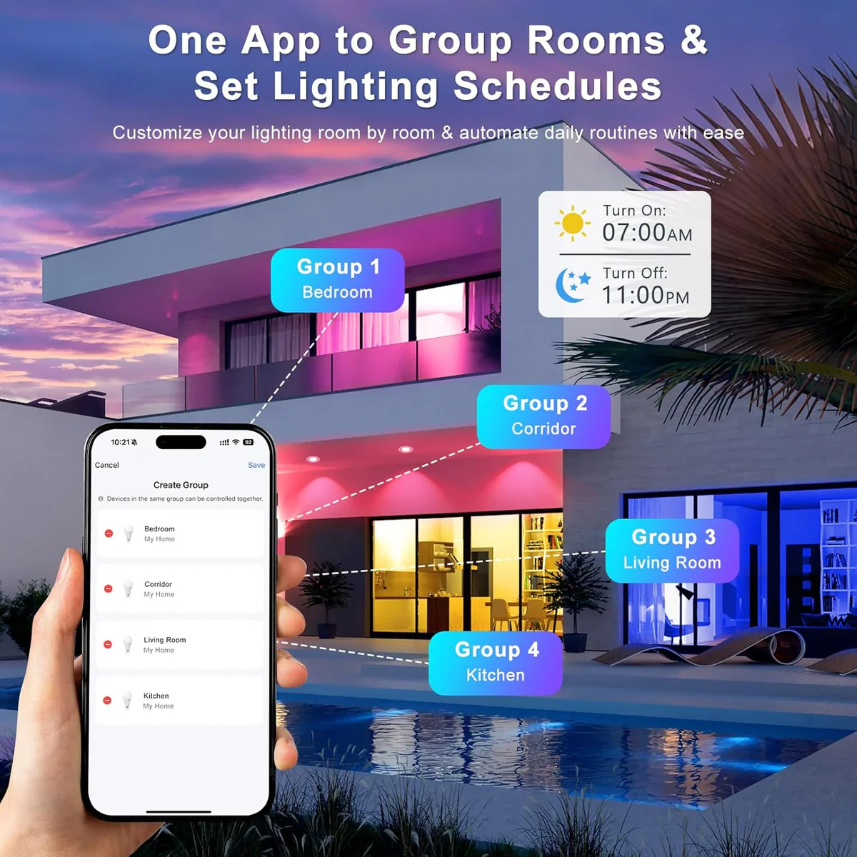 Smart RGB Downlight – COB WiFi Recessed Lighting, 2 Inch 5W, Dimmable RGB + CCT 2700–6500K, Works with Alexa & Google, 100–240V, White Housing, 4 / 6 / 10 / 12 Pack Options