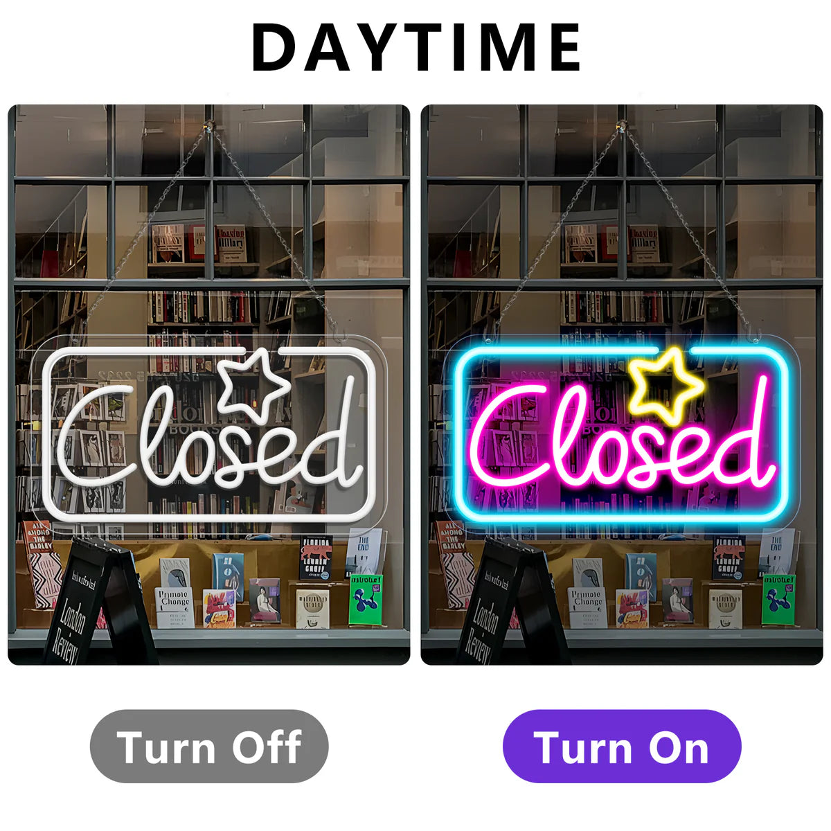 Closed Neon Sign – 17×9 inch (42×23 cm) | Ice Blue & Pink Glow + Yellow Star | Window Hanging | Plug & Play for Storefronts