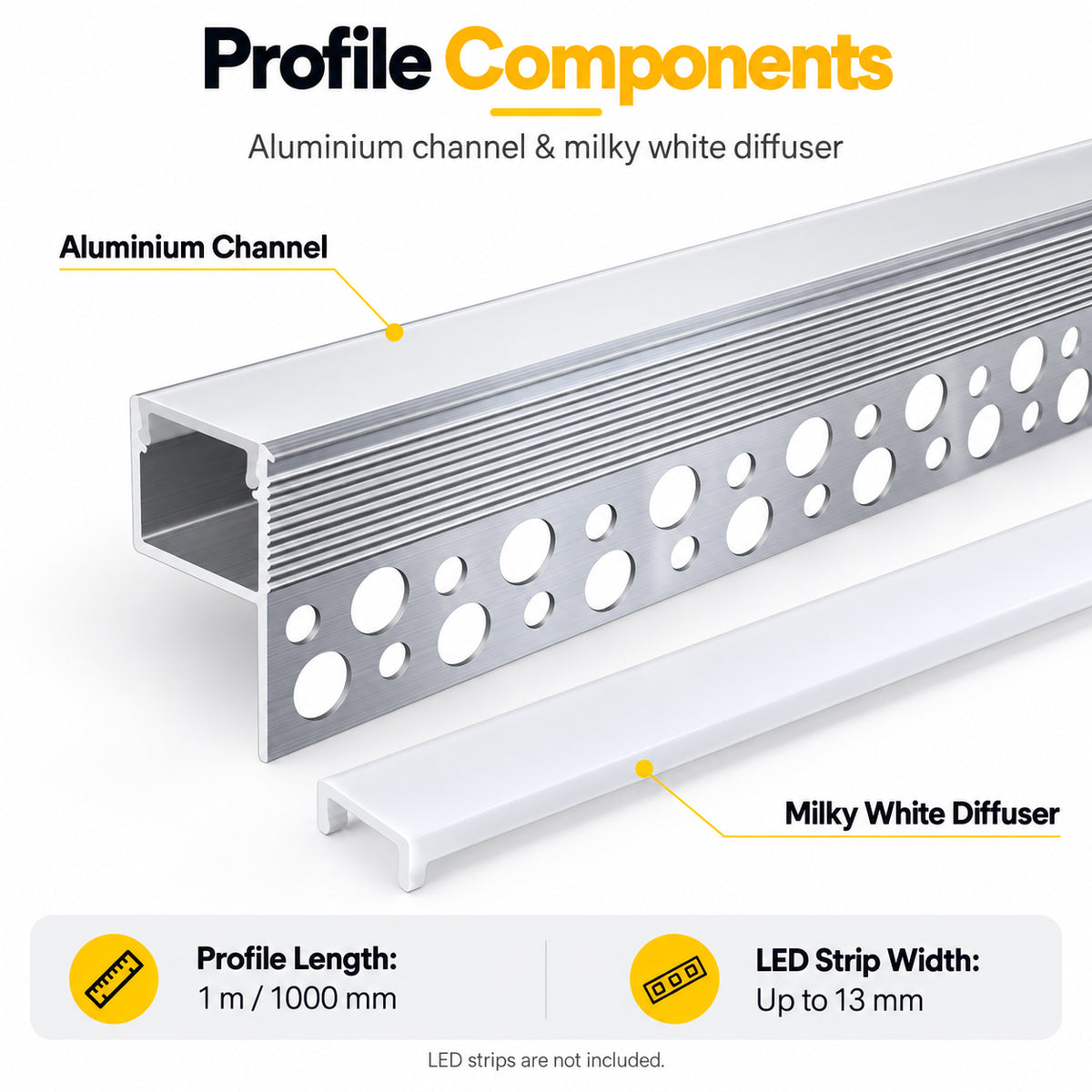 Silver XT-1118 One-Sided LED Aluminum Channel for Plaster-In Drywall, Fits LED Strips Up to 12mm Wide, with Milky White Diffuser