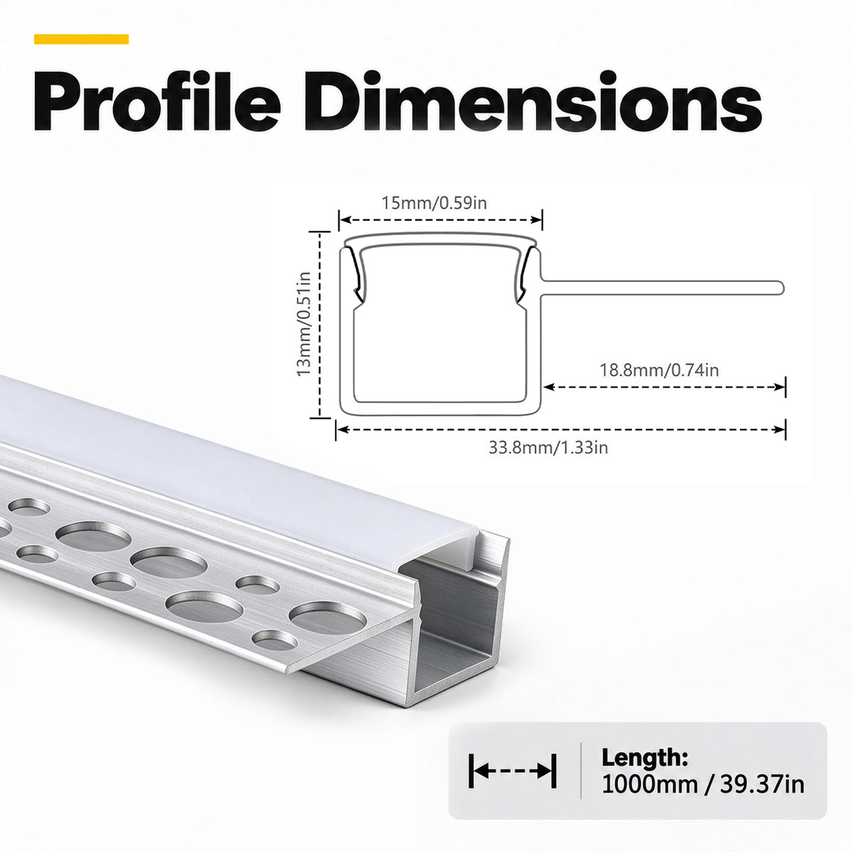 Silver XT-1138 One-Sided LED Aluminum Channel for Plaster-In Drywall, Fits LED Strips Up to 13mm Wide, with Milky White Diffuser