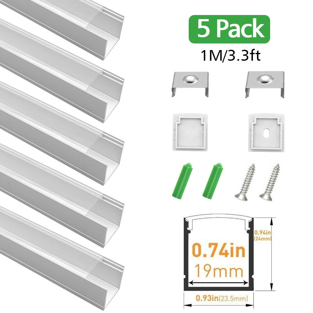 Sliver U06 24 x 24 mm, silberner U-förmiger LED-Aluminiumkanal, schwarzes Gehäuse, Innenbreite 20 mm, mit weißer Diffusor-Abdeckung, Endkappen und Befestigungsclips für die punktfreie Installation von LED-Lichtstreifen