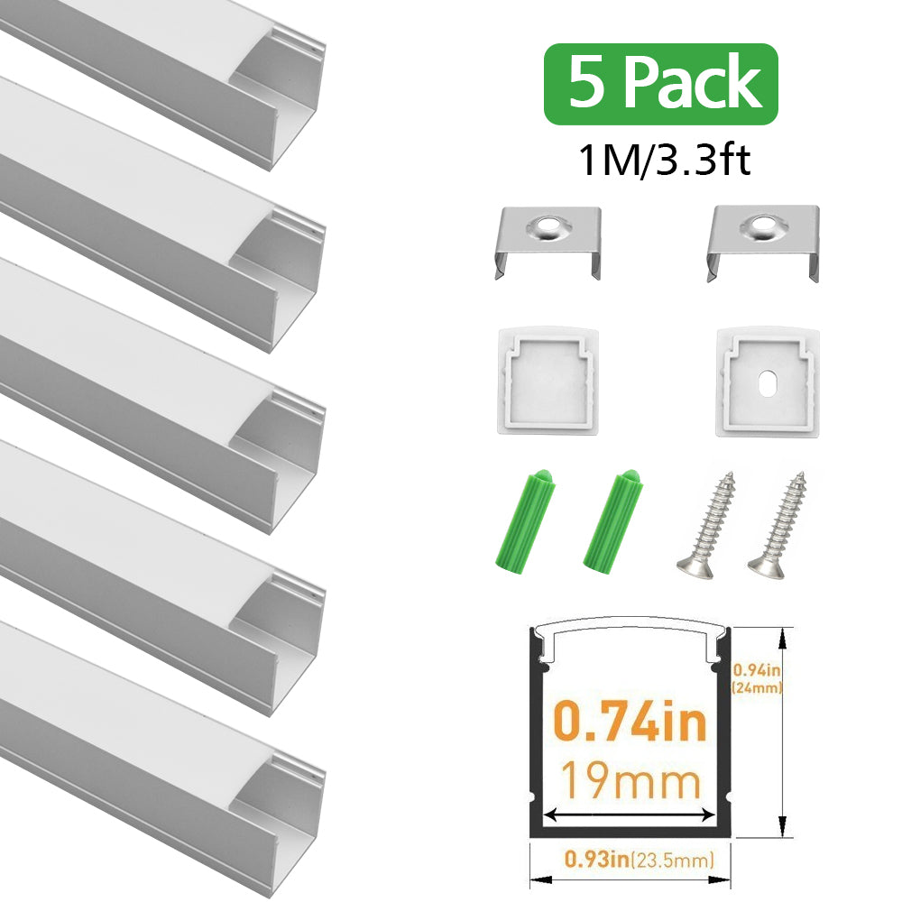 Sliver U06 24 x 24 mm, silberner U-förmiger LED-Aluminiumkanal, schwarzes Gehäuse, Innenbreite 20 mm, mit weißer Diffusor-Abdeckung, Endkappen und Befestigungsclips für die punktfreie Installation von LED-Lichtstreifen