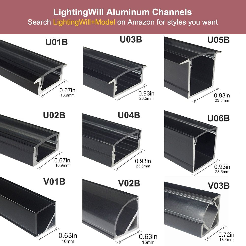 Sliver U06 24 x 24 mm, silberner U-förmiger LED-Aluminiumkanal, schwarzes Gehäuse, Innenbreite 20 mm, mit weißer Diffusor-Abdeckung, Endkappen und Befestigungsclips für die punktfreie Installation von LED-Lichtstreifen