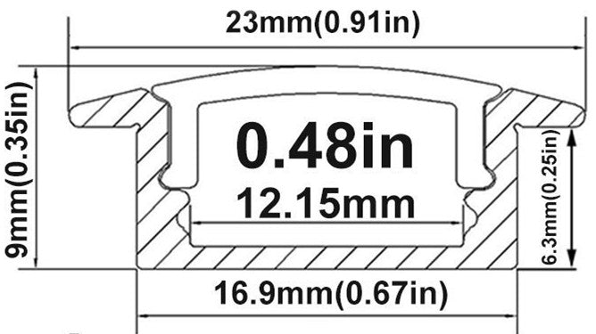 Silbernes U01 9 x 23 mm U-förmiges Innenprofil, Breite 12 mm, LED-Aluminium-Kanalsystem mit Abdeckung, Endkappen und Befestigungsclips für die Installation von LED-Lichtstreifen