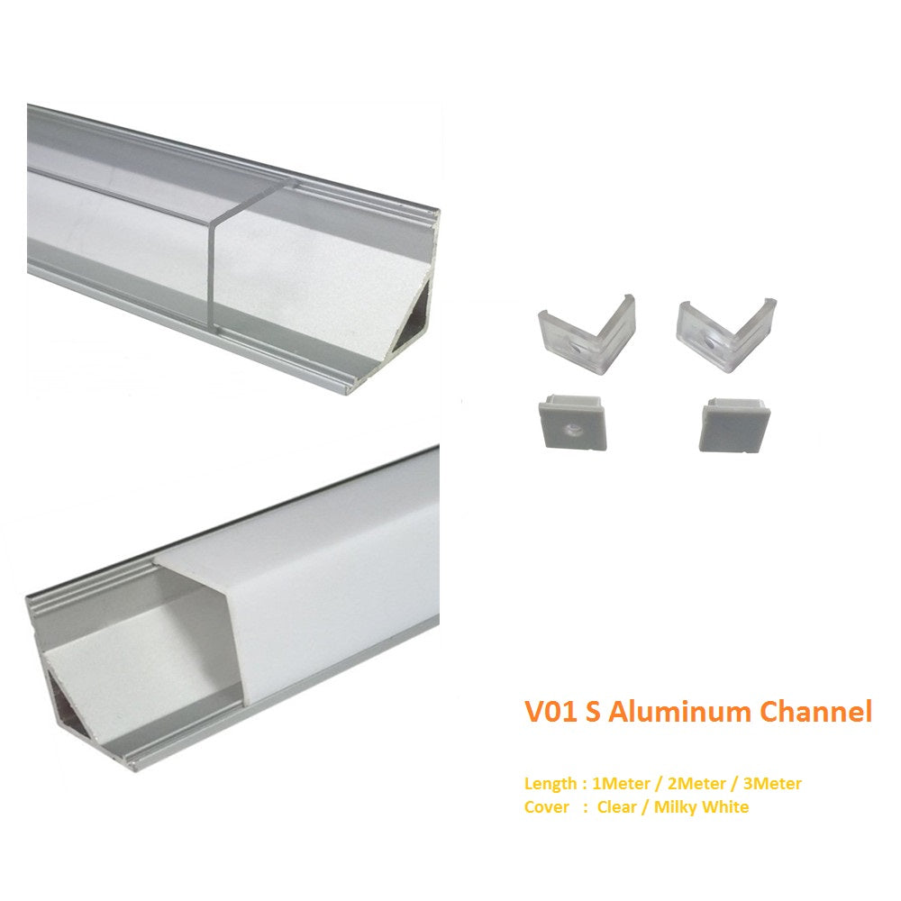 Silber V01 16x16mm V-förmige vertikale Winkelabdeckung Innenbreite 12mm Eckmontage LED-Aluminiumkanal mit Endkappen und Montageclips Aluminium-Extrusion