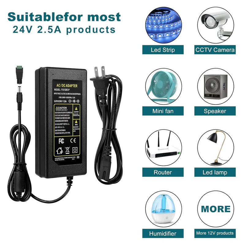 Desktop Power Supply Adapter DC 24V 60W–120W, AC 100–240V Input Switching Transformer Charger with US Plug for LED Strip Lights, 3D Printers, CCTV, Electronics