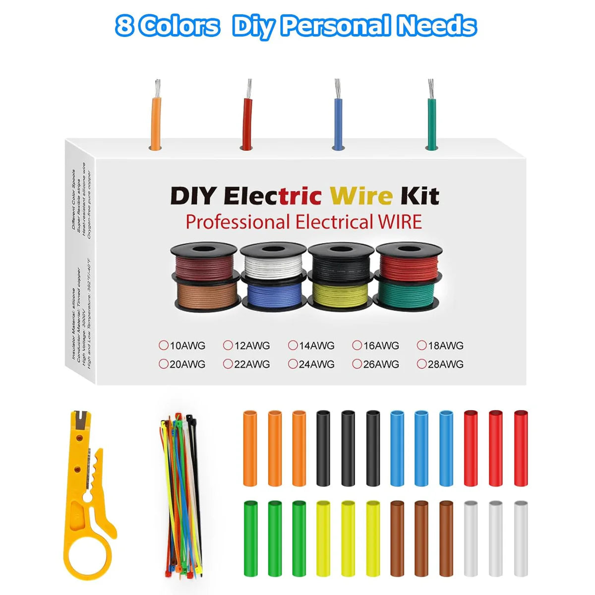 22 AWG Hook Up Wire Kit, Silicone Electrical Wire Spools, Stranded Tinned Copper Cable, 3m–15m Each Roll × 8 Colors for RC, LED Lighting, Automotive, DIY, Electronics
