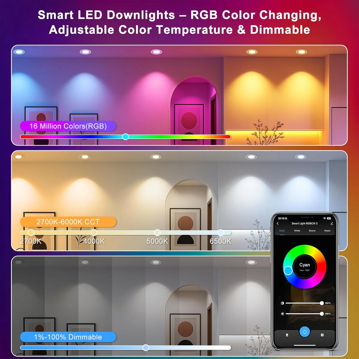 Smart RGB Downlight – COB WiFi Recessed Lighting, 2 Inch 5W, Dimmable RGB + CCT 2700–6500K, Works with Alexa & Google, 100–240V, White Housing, 4 / 6 / 10 / 12 Pack Options