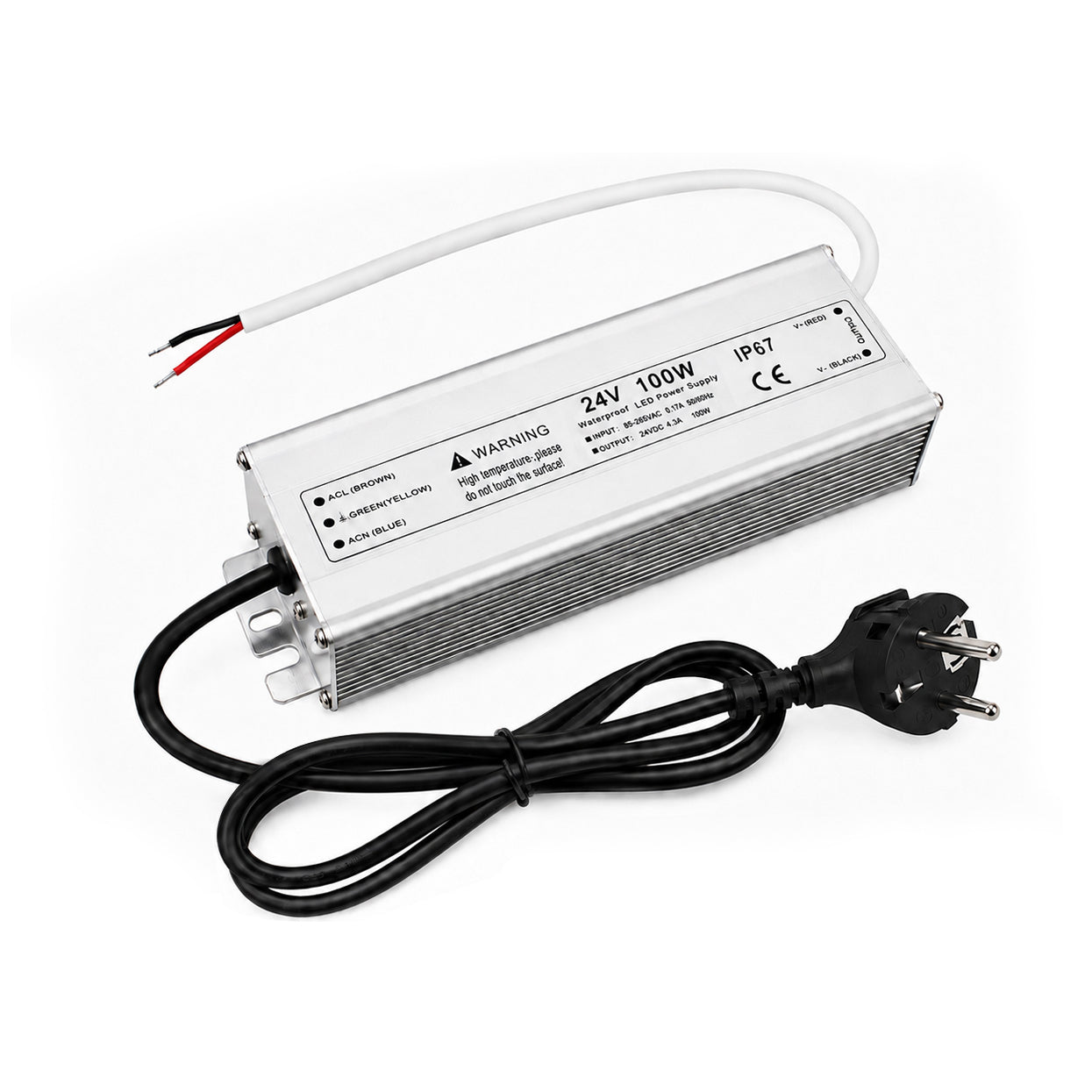 100W 12V/24V Waterproof LED Power Supply, 90-265V Input, Single Output, Aluminum Housing, Outdoor LED Lighting Driver, CE/RoHS/FCC Certified, US/UK/EU Plug