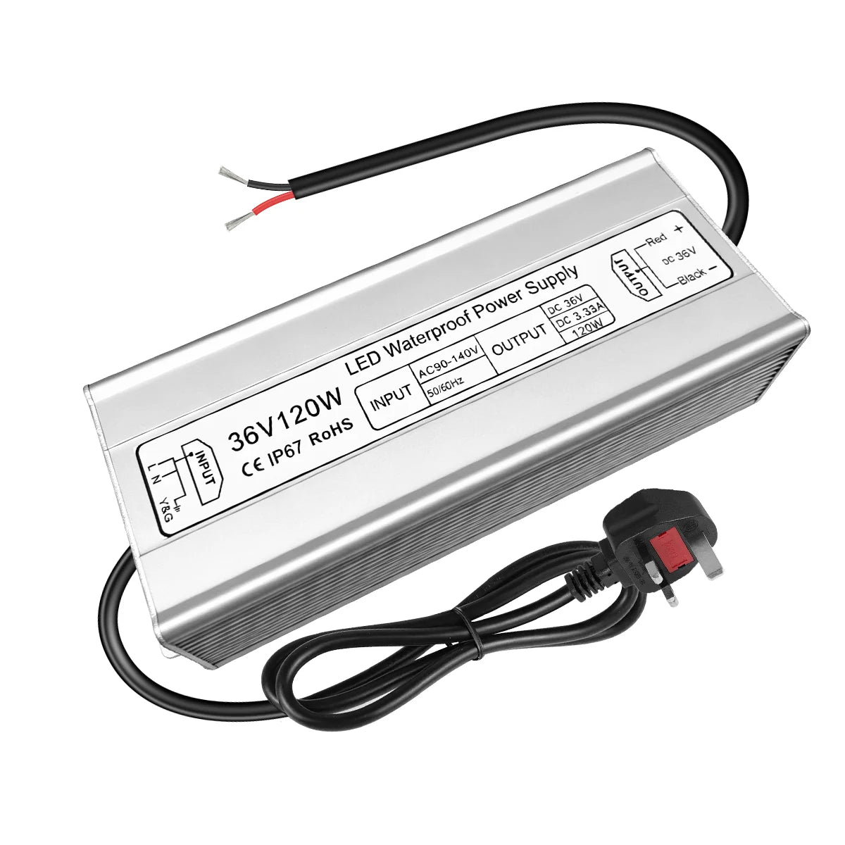 120W 36V/48V Waterproof LED Power Supply, 175-265V Input, Single Output, Aluminum Housing, Outdoor LED Lighting Driver, CE/RoHS/FCC Certified, UK/EU Plug