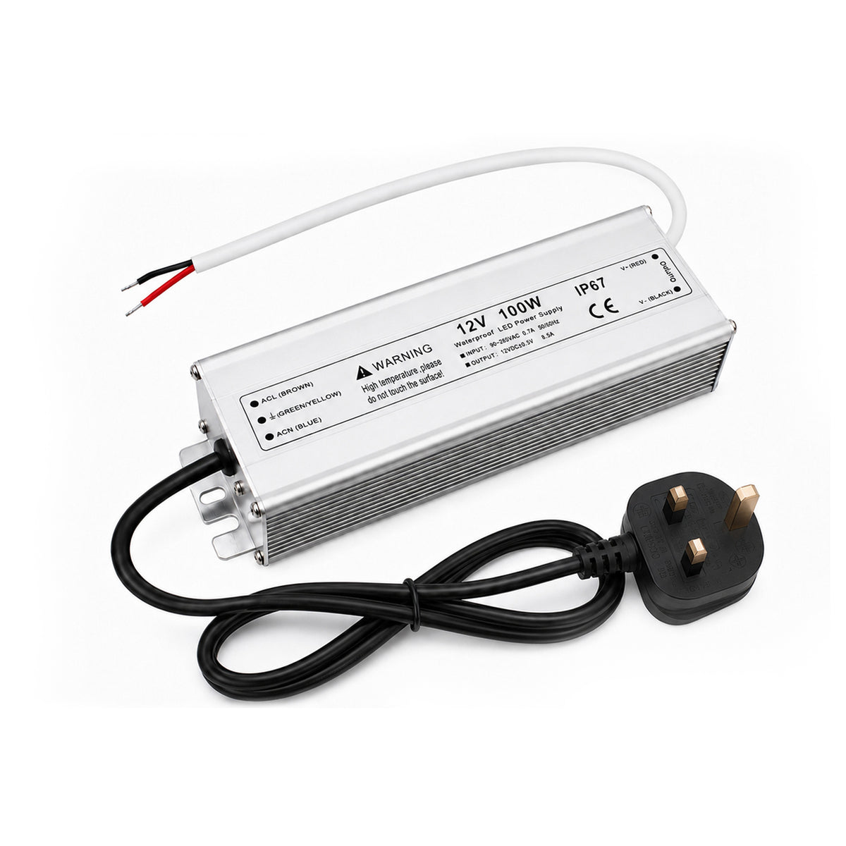 100W 12V/24V Waterproof LED Power Supply, 90-265V Input, Single Output, Aluminum Housing, Outdoor LED Lighting Driver, CE/RoHS/FCC Certified, US/UK/EU Plug