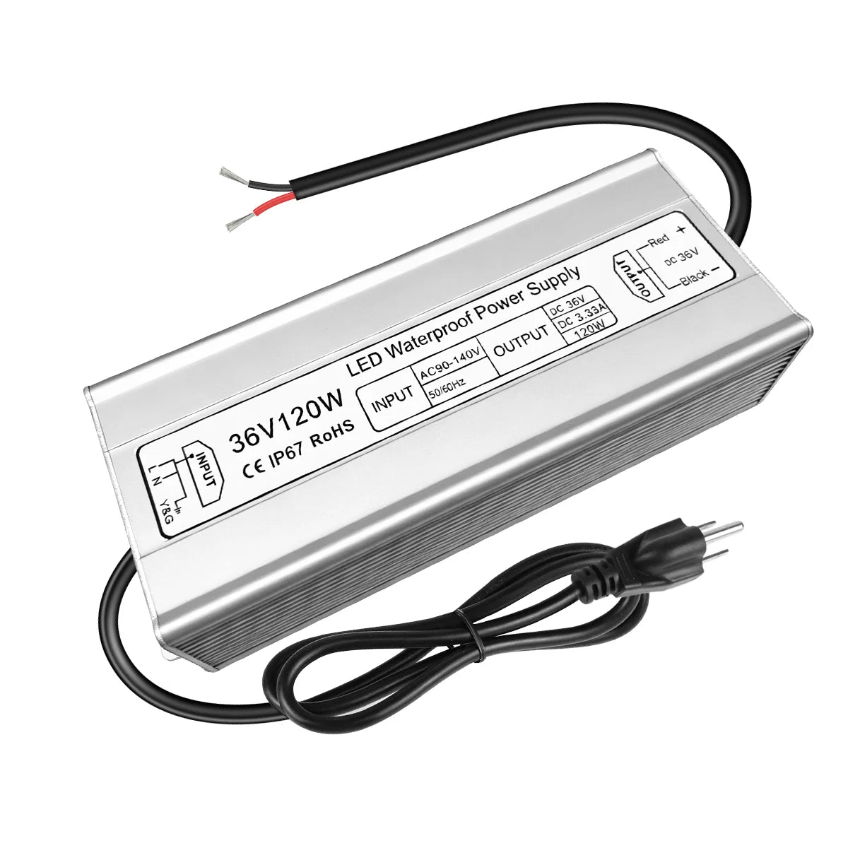 120W 36V/48V Waterproof LED Power Supply, 90-140V Input, Single Output, Aluminum Housing, Outdoor LED Lighting Driver, CE/RoHS/FCC Certified, US Plug