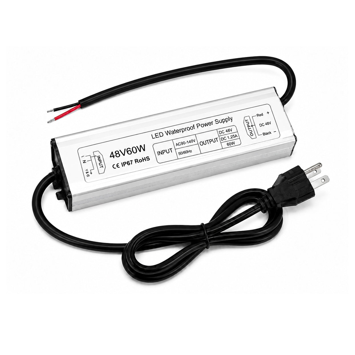 60W 12V/24V/36V/48V Waterproof LED Power Supply, 90-265V Input, Single Output, Aluminum Housing, Outdoor LED Lighting Driver, CE/RoHS/FCC Certified, US/UK/EU Plug