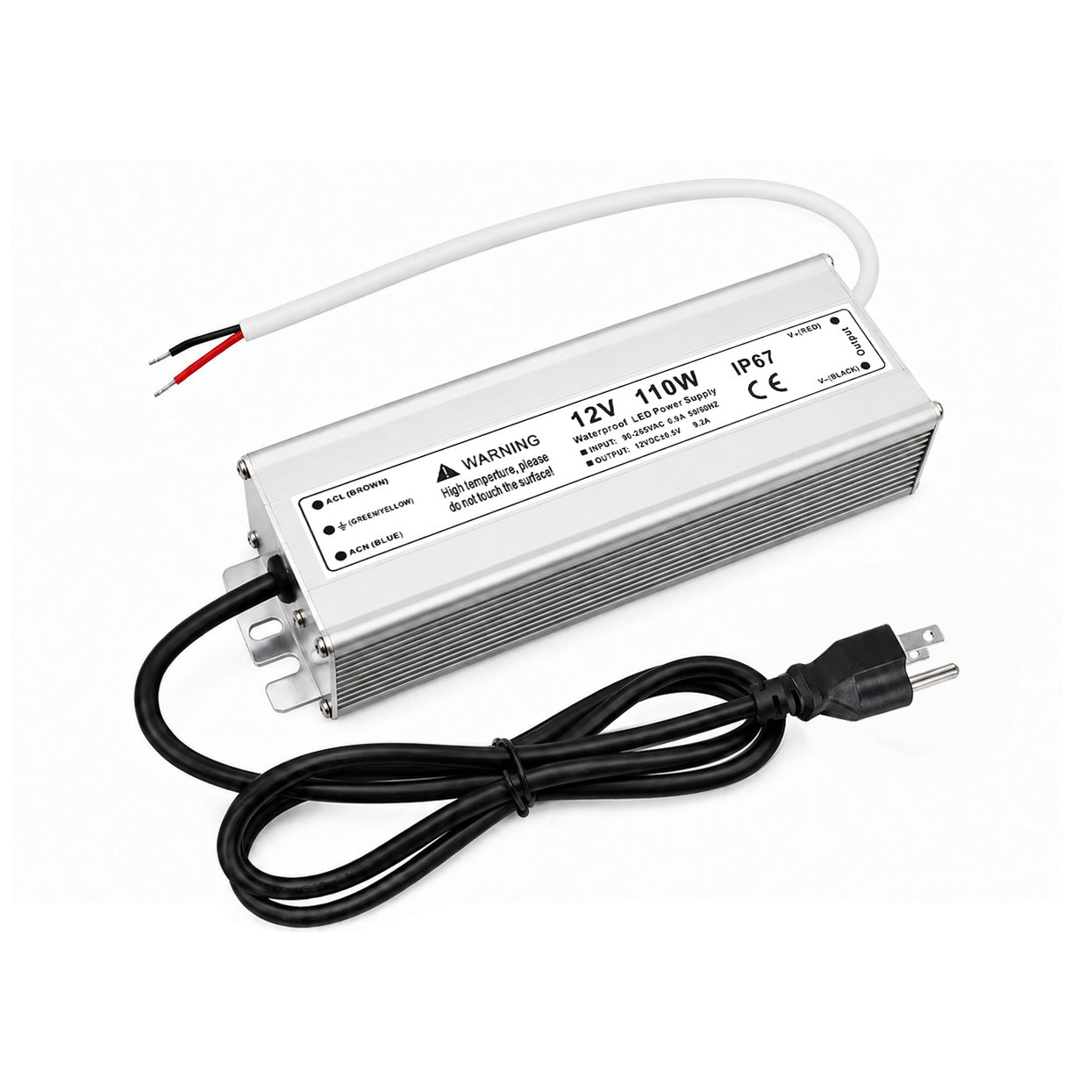 110W 12V Waterproof LED Power Supply, 90-265V Input, Single Output, Aluminum Housing, Outdoor LED Lighting Driver, CE/RoHS/FCC Certified, US/UK/EU Plug