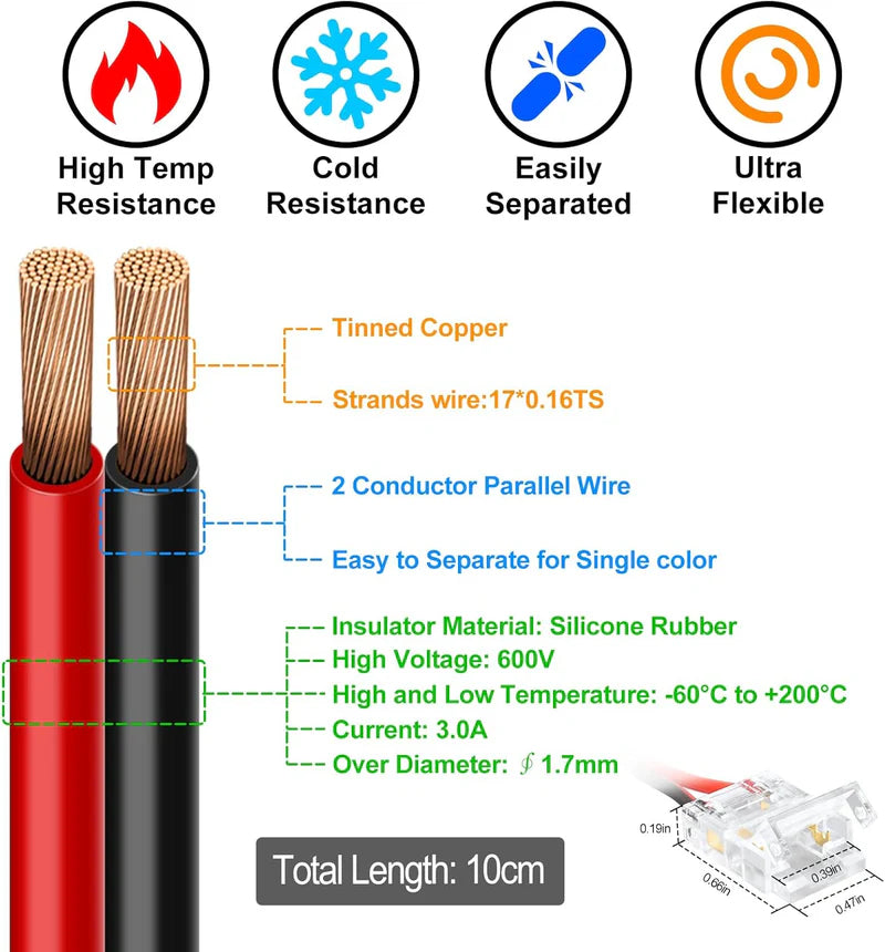 LightingWill LED Strip Connector 10mm 2Pin Transparent Solderless Clips, LED Light Strip Connector Crystal Strip to Wire Strip to Strip DC Adapter Connector, Local Stock US UK