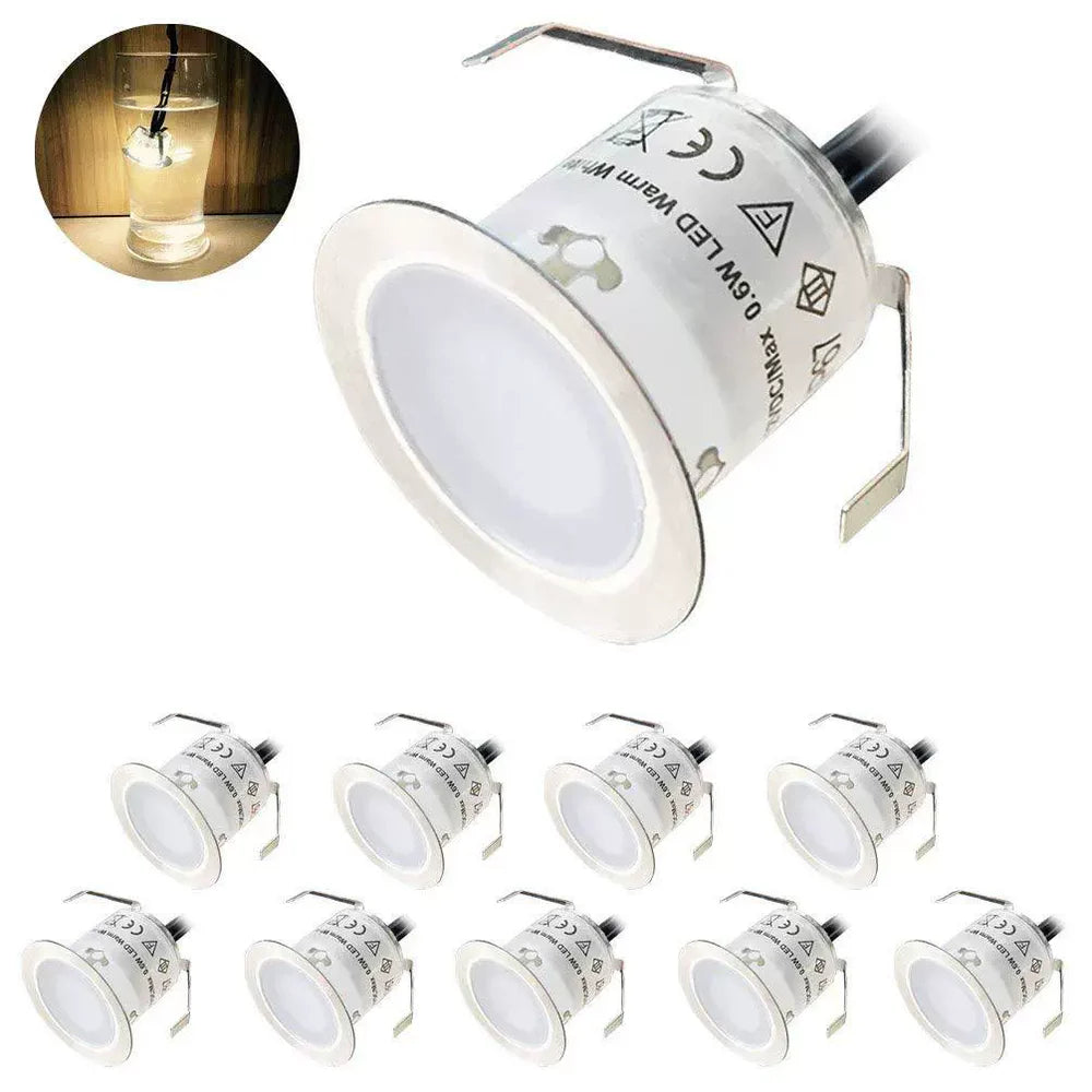 10-Pack Recessed LED Deck Lights – 0.6W Each | Warm White / Natural White | AC100–265V Input with Power Adapter | US / EU / UK / AU Plug Options | IP67 Waterproof Inground Step Lights Kit for Deck, Garden, Yard, Stairs & Pathway Lighting