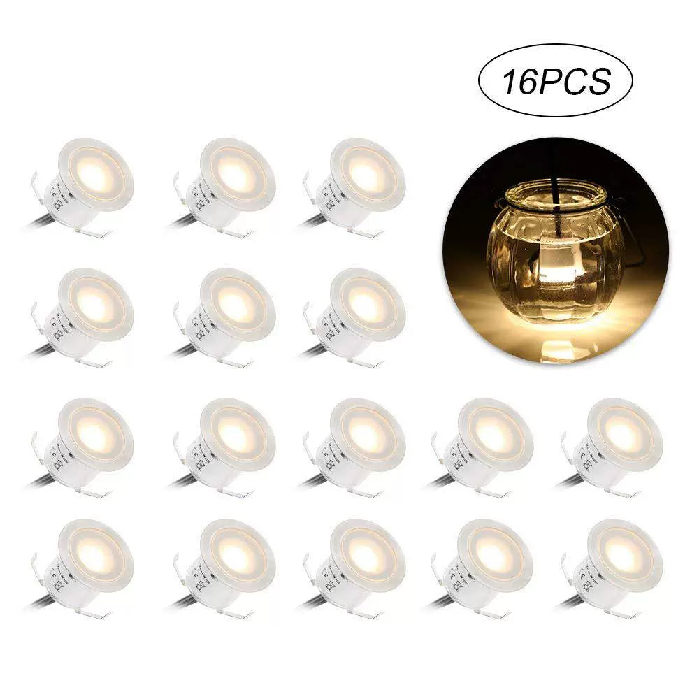 16-Pack Recessed LED Deck Lights – 0.6W Each | Warm White / Natural White  | AC100–265V Input with Power Adapter | US / EU / UK / AU Plug Options | IP67 Waterproof Inground Step Lights Kit for Deck, Garden, Yard, Stairs & Pathway Lighting