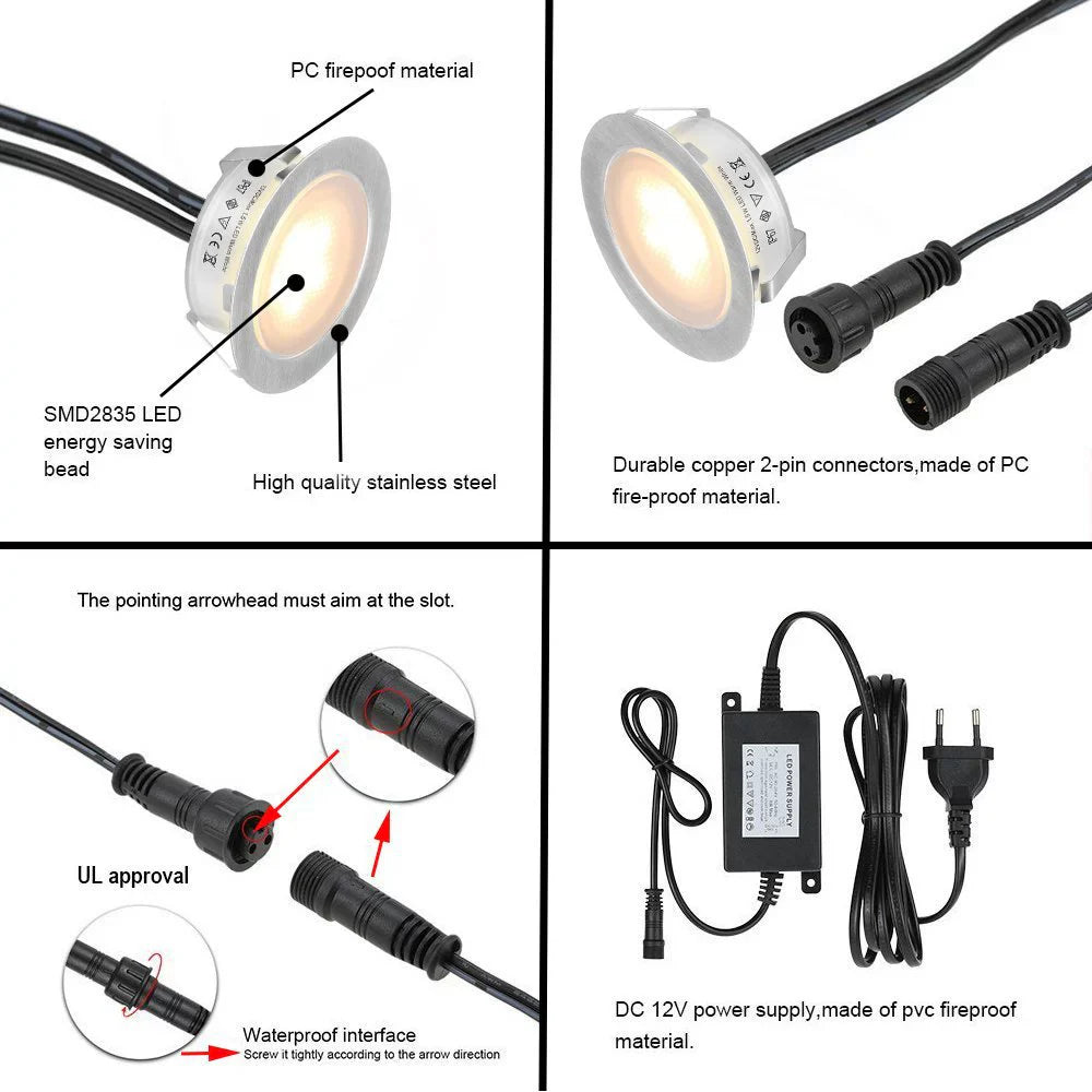 6-Pack Recessed LED Deck Lights – 1.5W Each | Warm White / Natural White  | AC100–265V Input with Power Adapter | US / EU / UK / AU Plug Options | IP67 Waterproof Inground Step Lights Kit for Deck, Garden, Yard, Stairs & Pathway Lighting