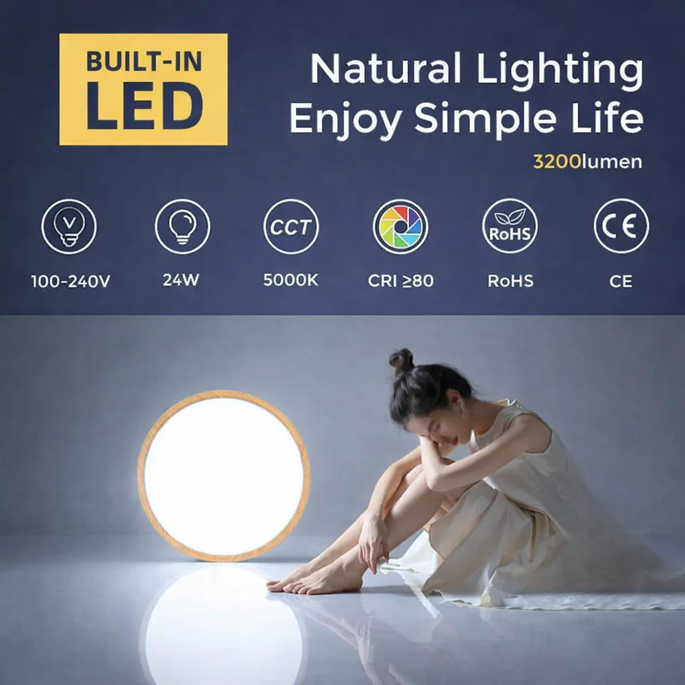 AC 220–240V Round Wood Grain LED Ceiling Light, 24W 3000K / 4500K / 5000K / 6500K Flush Mount Ceiling Light Local Stock (UK/DE)
