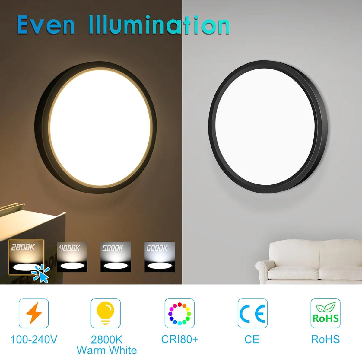 AC 220–240V Round Black LED Ceiling Light, 12W / 18W / 24W / 32W Options 3000K / 4500K / 5000K / 6500K Flush Mount Ceiling Light Local Stock (UK/DE)