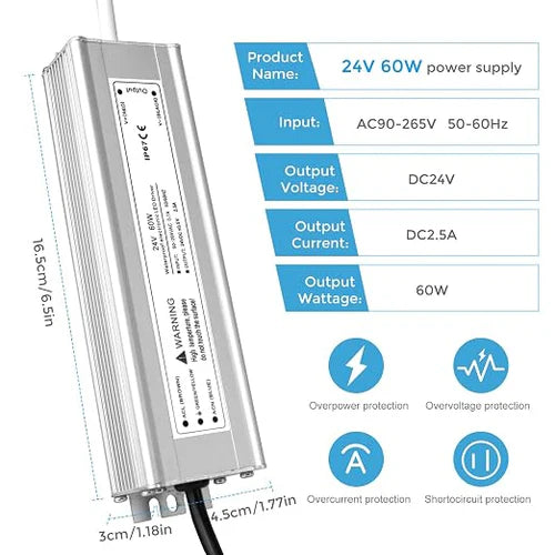 60W 12V/24V/36V/48V Waterproof LED Power Supply, 90-265V Input, Single Output, Aluminum Housing, Outdoor LED Lighting Driver, CE/RoHS/FCC Certified, US/UK/EU Plug