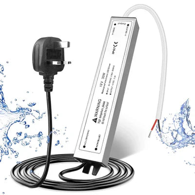 12V Waterproof LED Power Supply, 30W–300W Outdoor LED Driver, 90–265V AC Input, Single or Dual Wire Output, CE/RoHS/FCC Certified, US / UK / EU Plug &amp; Wire Lead Options