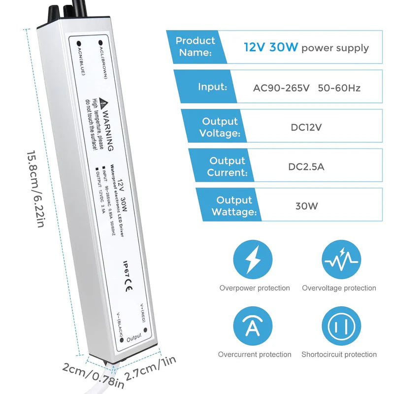 12V Waterproof LED Power Supply, 30W–300W Outdoor LED Driver, 90–265V AC Input, Single or Dual Wire Output, CE/RoHS/FCC Certified, US / UK / EU Plug &amp; Wire Lead Options