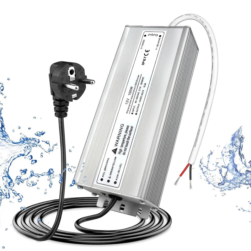 12V Waterproof LED Power Supply, 30W–300W Outdoor LED Driver, 90–265V AC Input, Single or Dual Wire Output, CE/RoHS/FCC Certified, US / UK / EU Plug &amp; Wire Lead Options