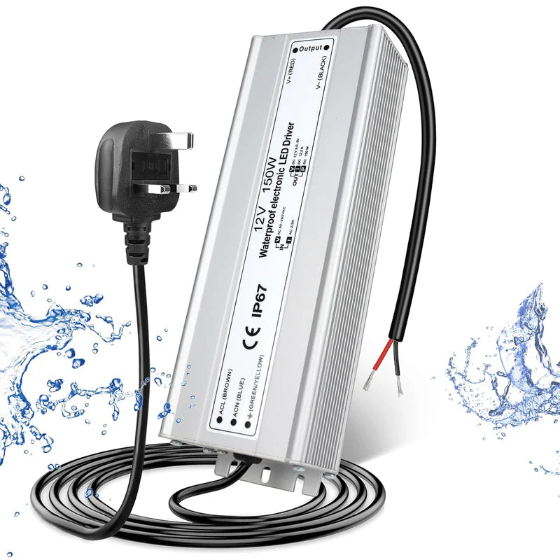 12V Waterproof LED Power Supply, 30W–300W Outdoor LED Driver, 90–265V AC Input, Single or Dual Wire Output, CE/RoHS/FCC Certified, US / UK / EU Plug &amp; Wire Lead Options