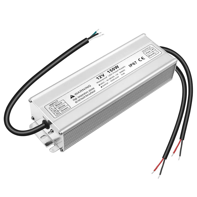 12V Waterproof LED Power Supply, 30W–300W Outdoor LED Driver, 90–265V AC Input, Single or Dual Wire Output, CE/RoHS/FCC Certified, US / UK / EU Plug &amp; Wire Lead Options